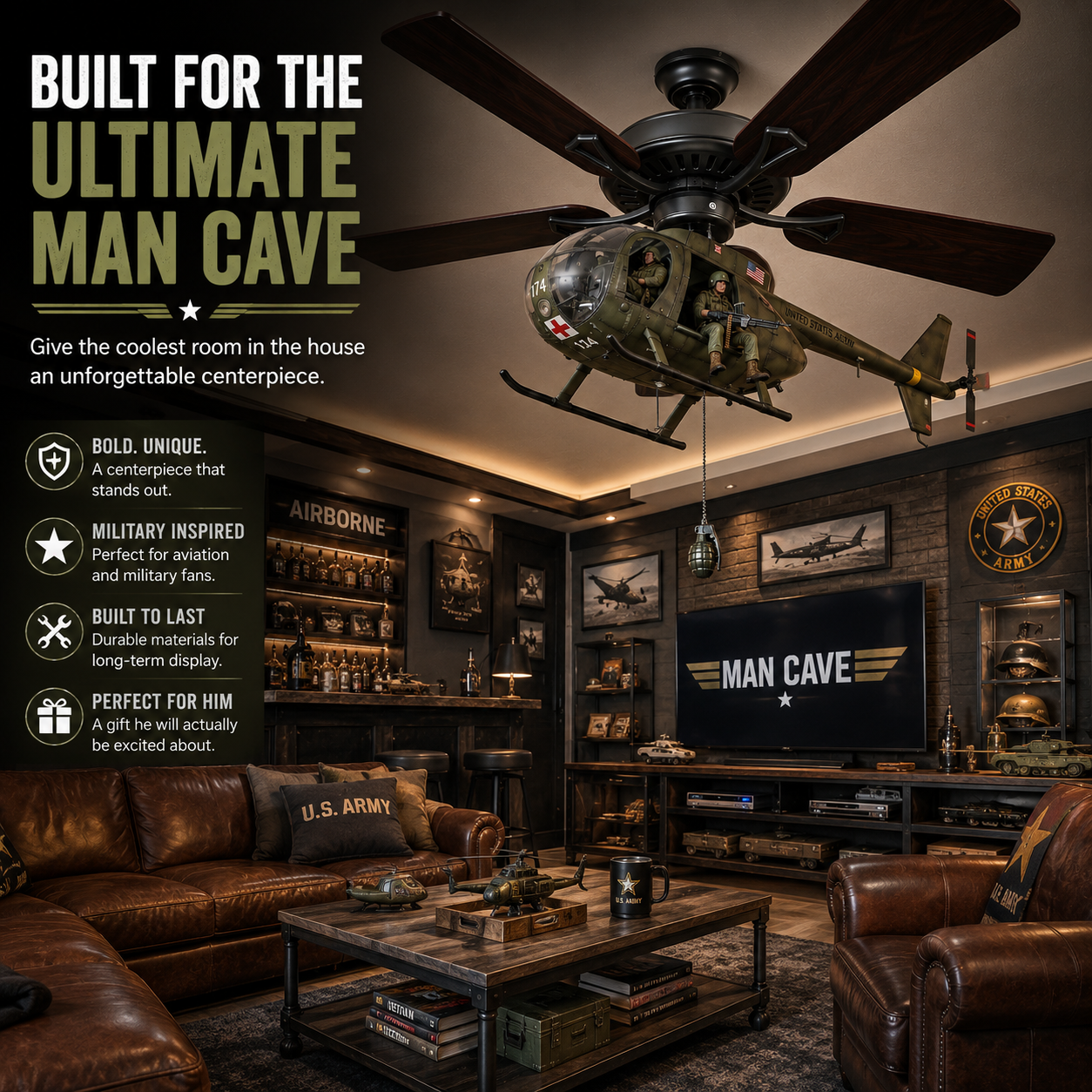 52-Inch Military Helicopter Ceiling Fan – Integrated 3D Aircraft Fan for Man Cave, Garage & Game Room