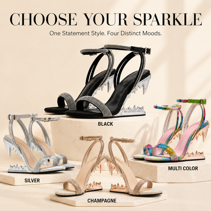 Women’s Rhinestone Shark Heel Wedge Sandals – Adjustable Ankle Strap Open-Toe Statement Heels