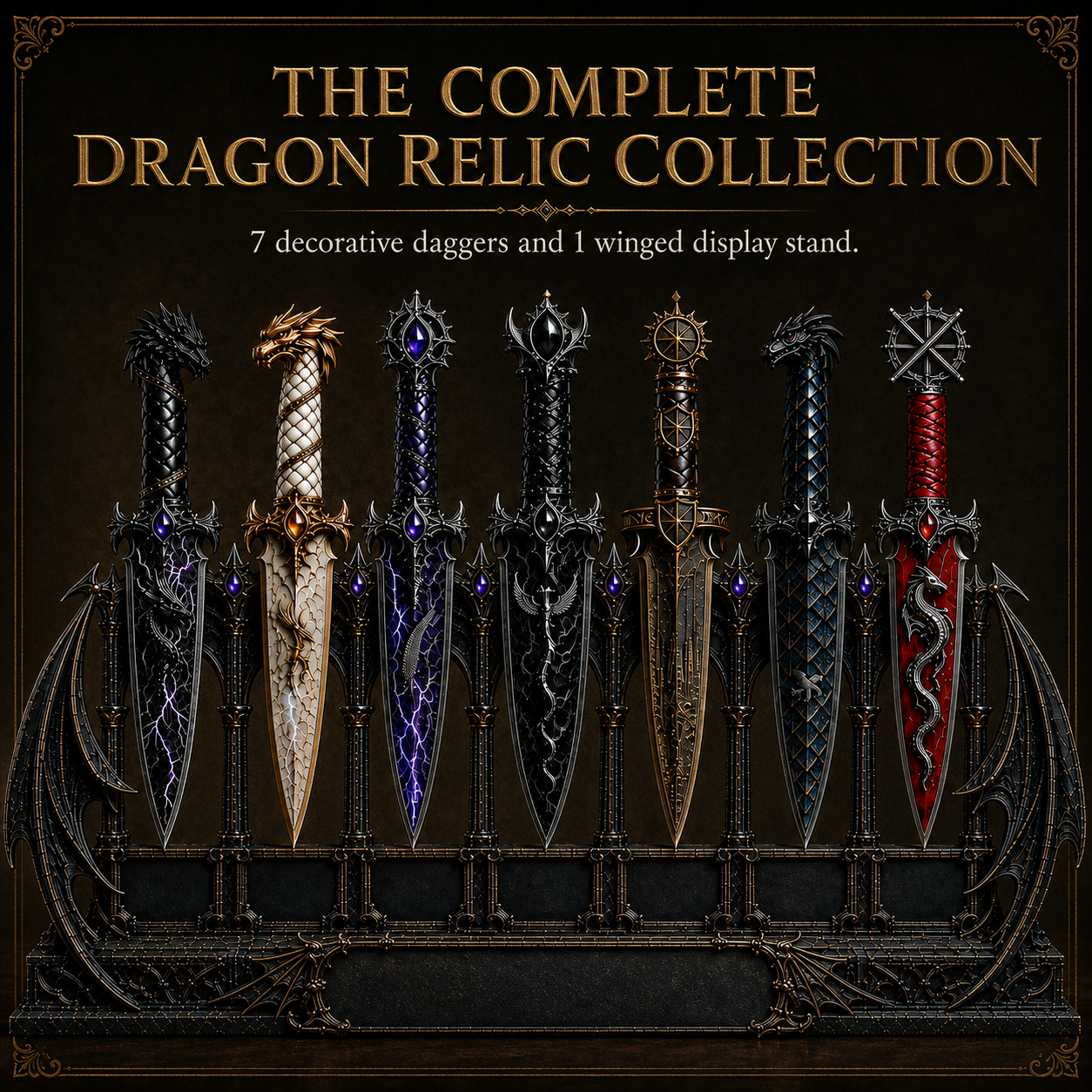 Dragon Relic Collection – 7 Decorative Fantasy Daggers with Winged Display Stand
