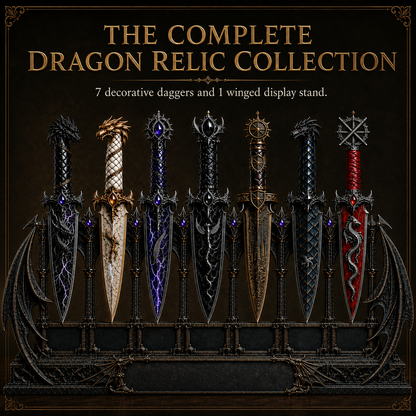 Dragon Relic Collection – 7 Decorative Fantasy Daggers with Winged Display Stand