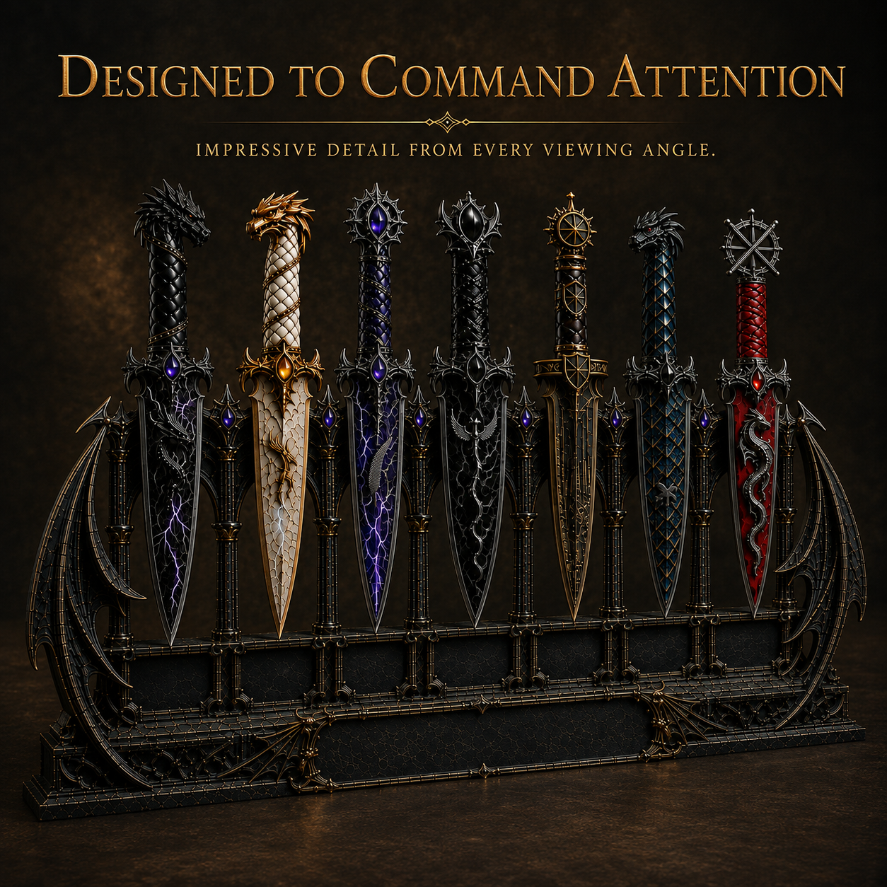 Dragon Relic Collection – 7 Decorative Fantasy Daggers with Winged Display Stand