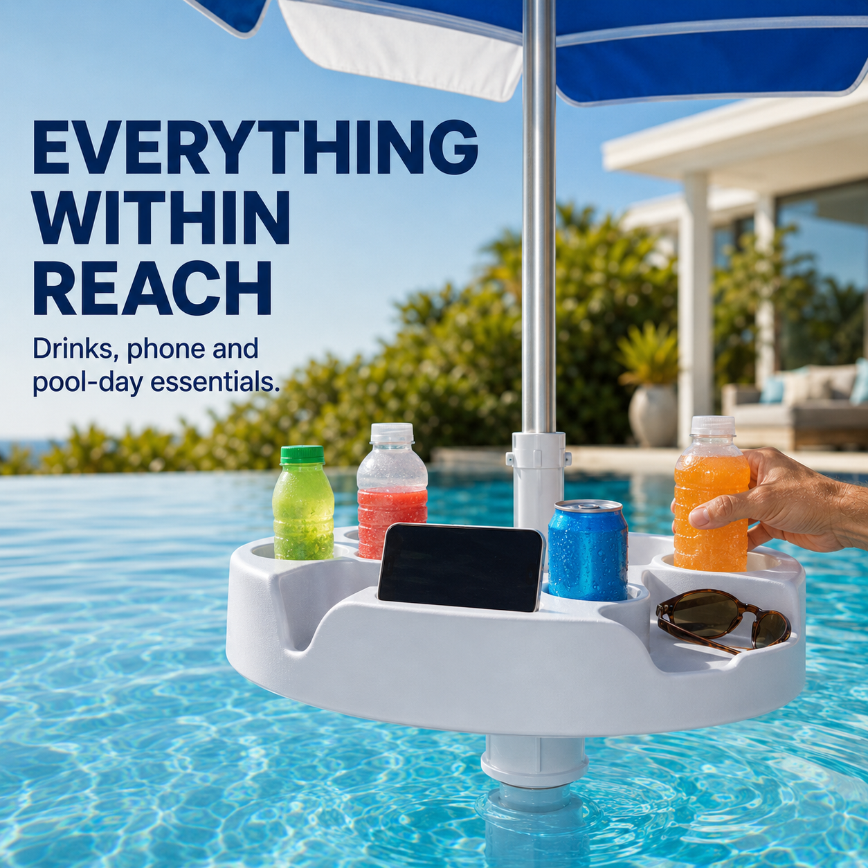 7FT Portable In-Pool Umbrella with Weighted Sand Base, Drink Tray & Phone Stand