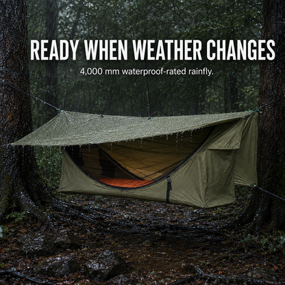 Lay-Flat Hammock Tent with Rainfly & Mosquito Net – Elevated 1-Person Camping Shelter