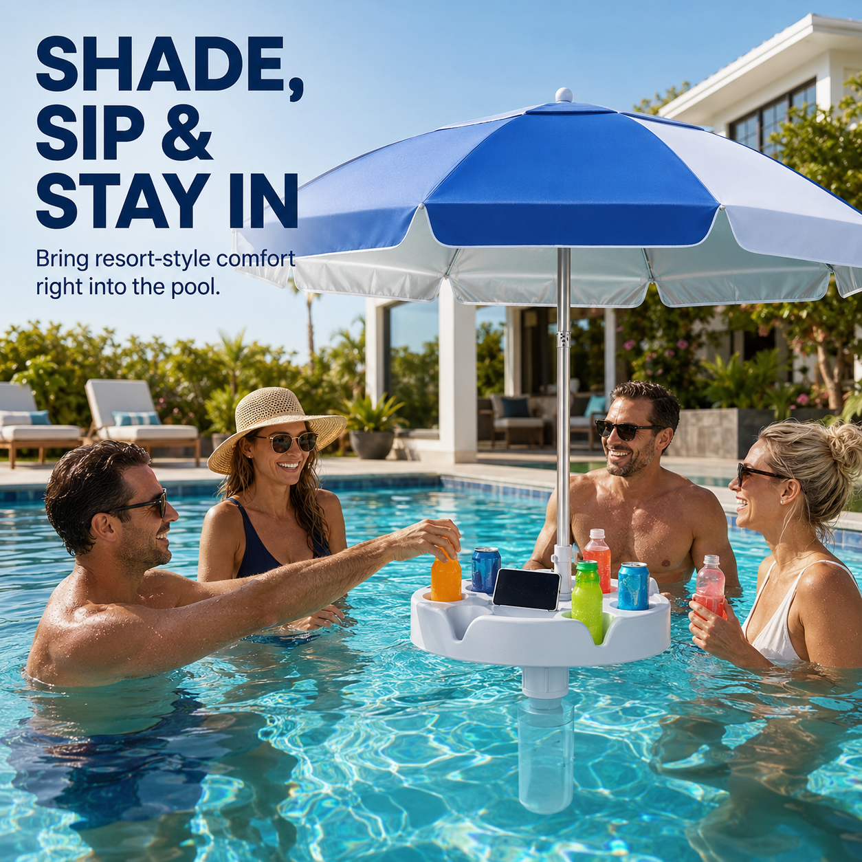 7FT Portable In-Pool Umbrella with Weighted Sand Base, Drink Tray & Phone Stand