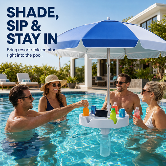 7FT Portable In-Pool Umbrella with Weighted Sand Base, Drink Tray & Phone Stand