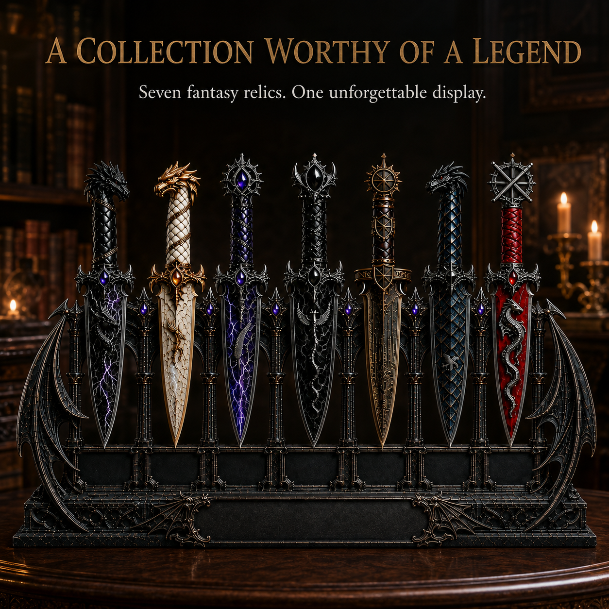 Dragon Relic Collection – 7 Decorative Fantasy Daggers with Winged Display Stand