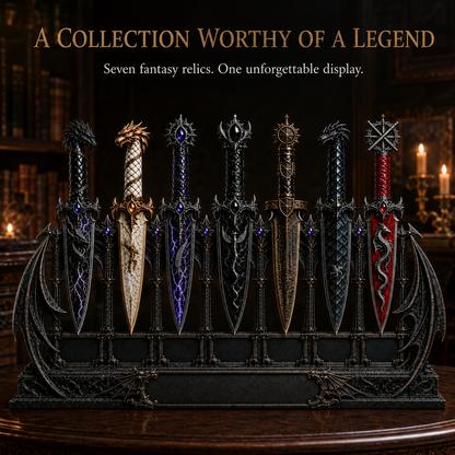 Dragon Relic Collection – 7 Decorative Fantasy Daggers with Winged Display Stand