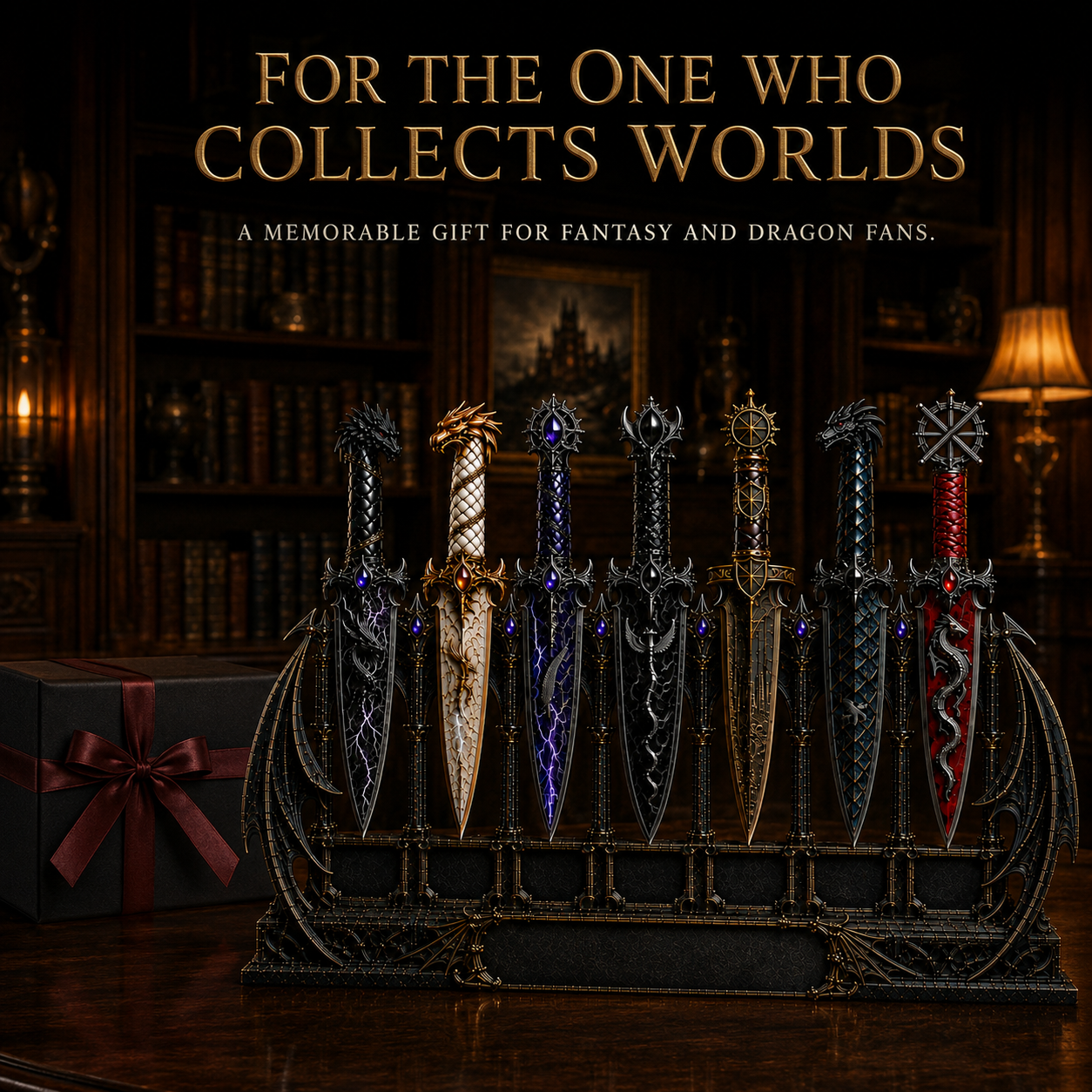 Dragon Relic Collection – 7 Decorative Fantasy Daggers with Winged Display Stand