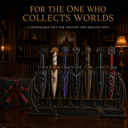 Dragon Relic Collection – 7 Decorative Fantasy Daggers with Winged Display Stand