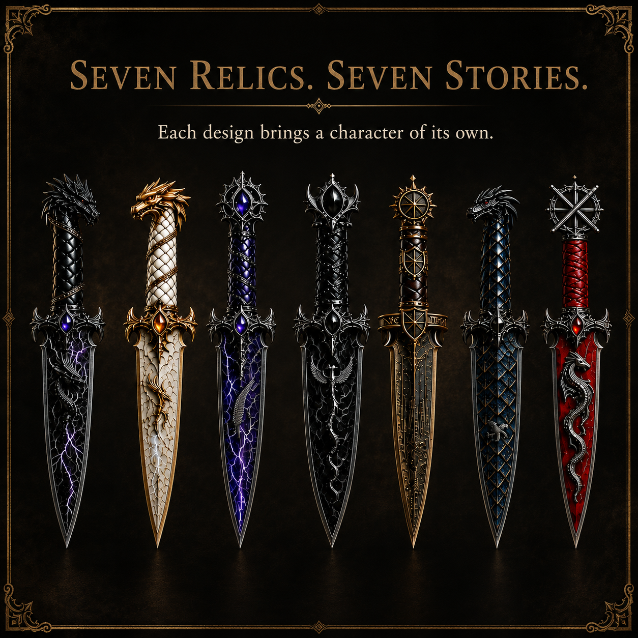 Dragon Relic Collection – 7 Decorative Fantasy Daggers with Winged Display Stand