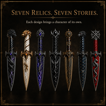 Dragon Relic Collection – 7 Decorative Fantasy Daggers with Winged Display Stand