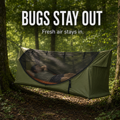 Lay-Flat Hammock Tent with Rainfly & Mosquito Net – Elevated 1-Person Camping Shelter