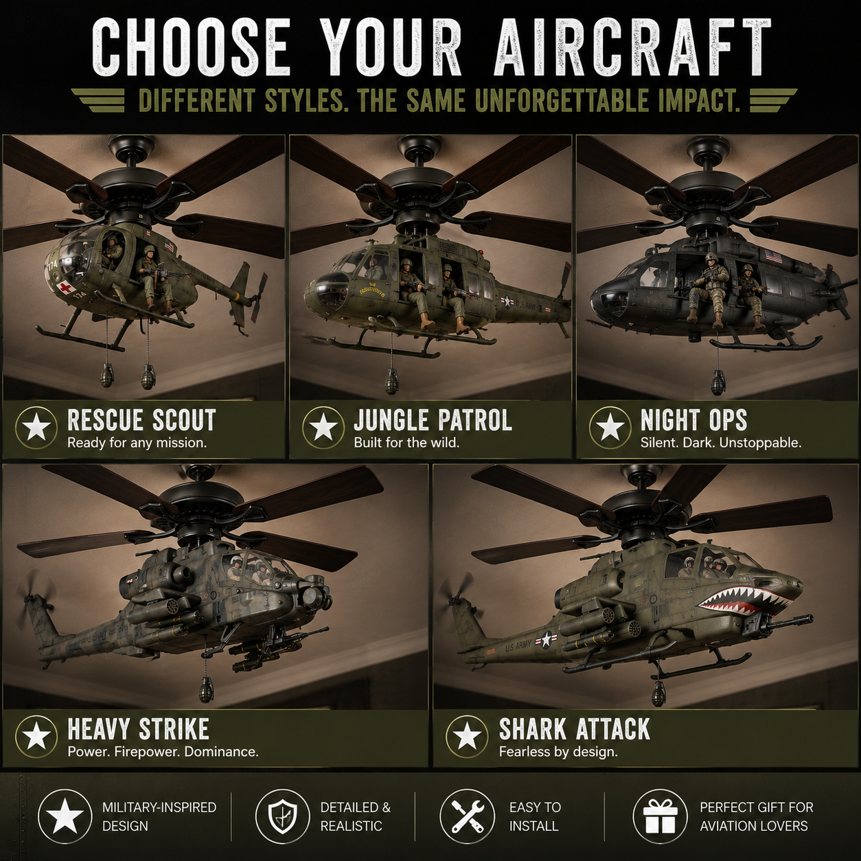 52-Inch Military Helicopter Ceiling Fan – Integrated 3D Aircraft Fan for Man Cave, Garage & Game Room