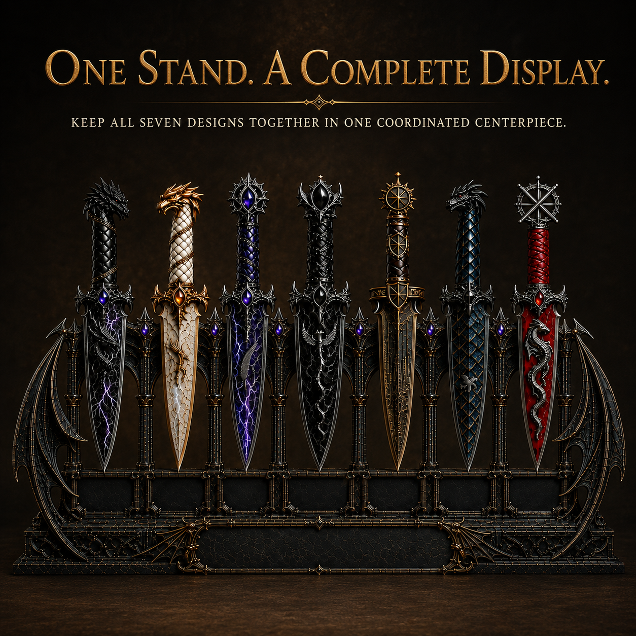 Dragon Relic Collection – 7 Decorative Fantasy Daggers with Winged Display Stand
