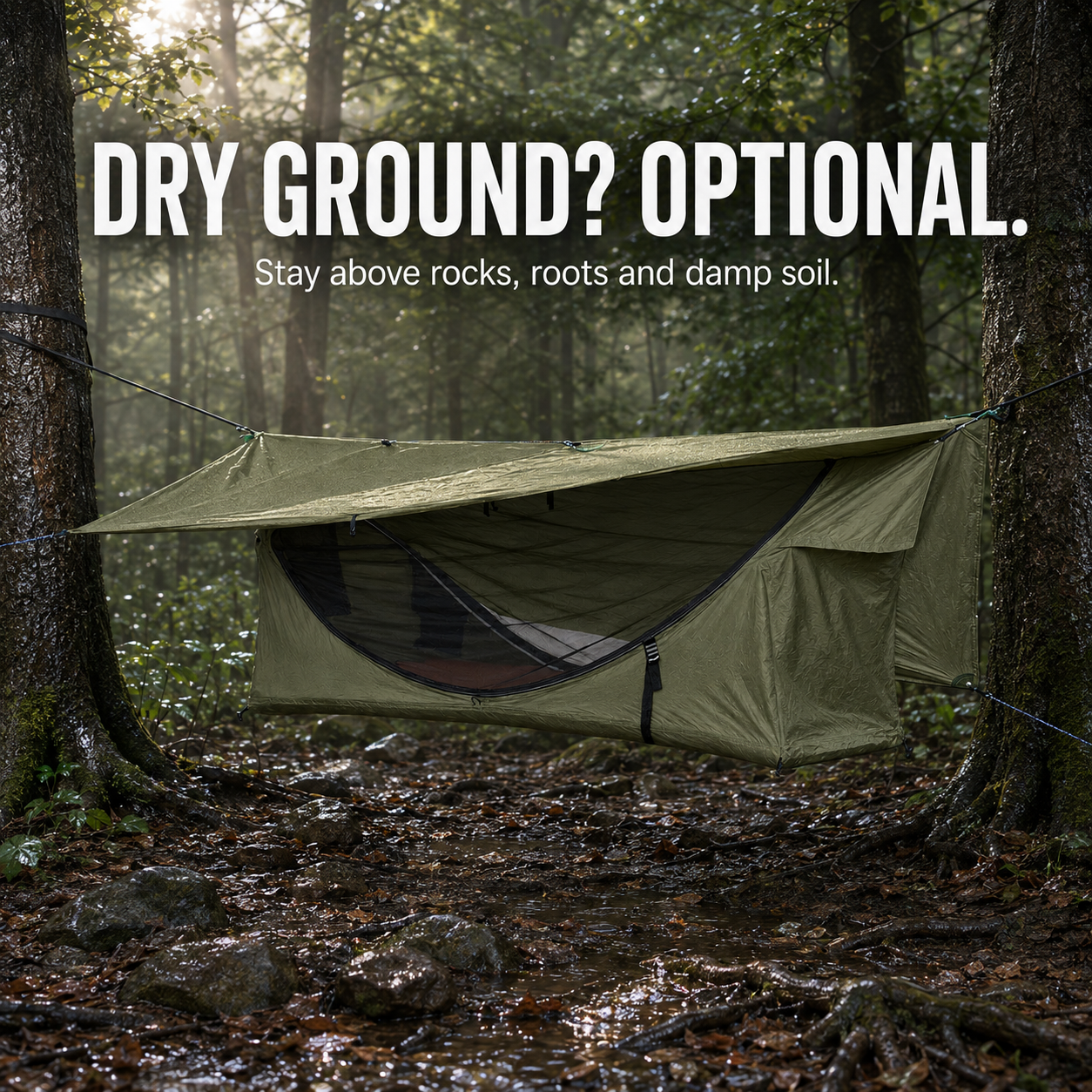 Lay-Flat Hammock Tent with Rainfly & Mosquito Net – Elevated 1-Person Camping Shelter