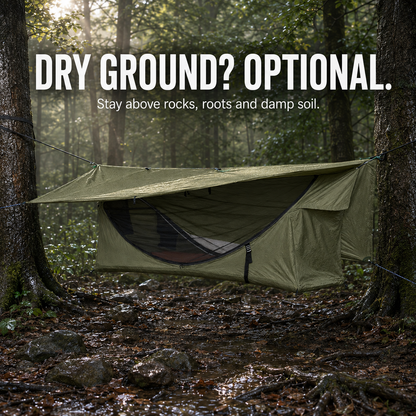 Lay-Flat Hammock Tent with Rainfly & Mosquito Net – Elevated 1-Person Camping Shelter