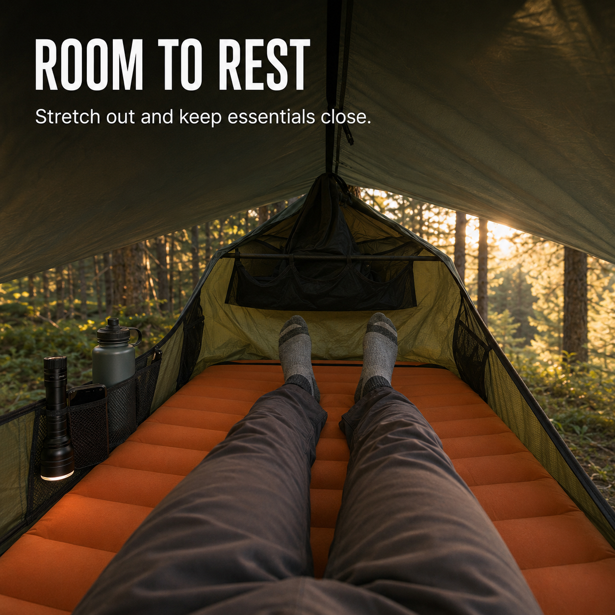 Lay-Flat Hammock Tent with Rainfly & Mosquito Net – Elevated 1-Person Camping Shelter