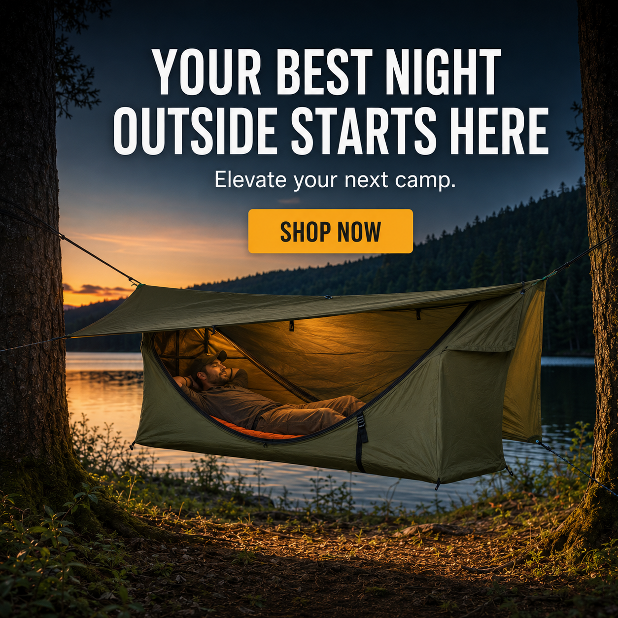 Lay-Flat Hammock Tent with Rainfly & Mosquito Net – Elevated 1-Person Camping Shelter