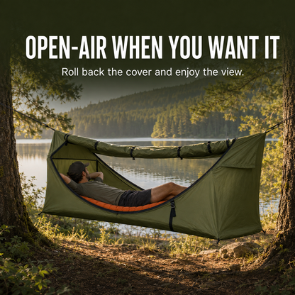 Lay-Flat Hammock Tent with Rainfly & Mosquito Net – Elevated 1-Person Camping Shelter
