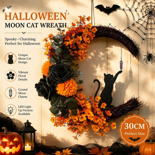 Halloween Moon Cat Wreath — A Spooky & Elegant Halloween Door Decoration To Welcome The Magic Of The Season 🌙 - Orange-colored black rose / Classic Non-Light Version