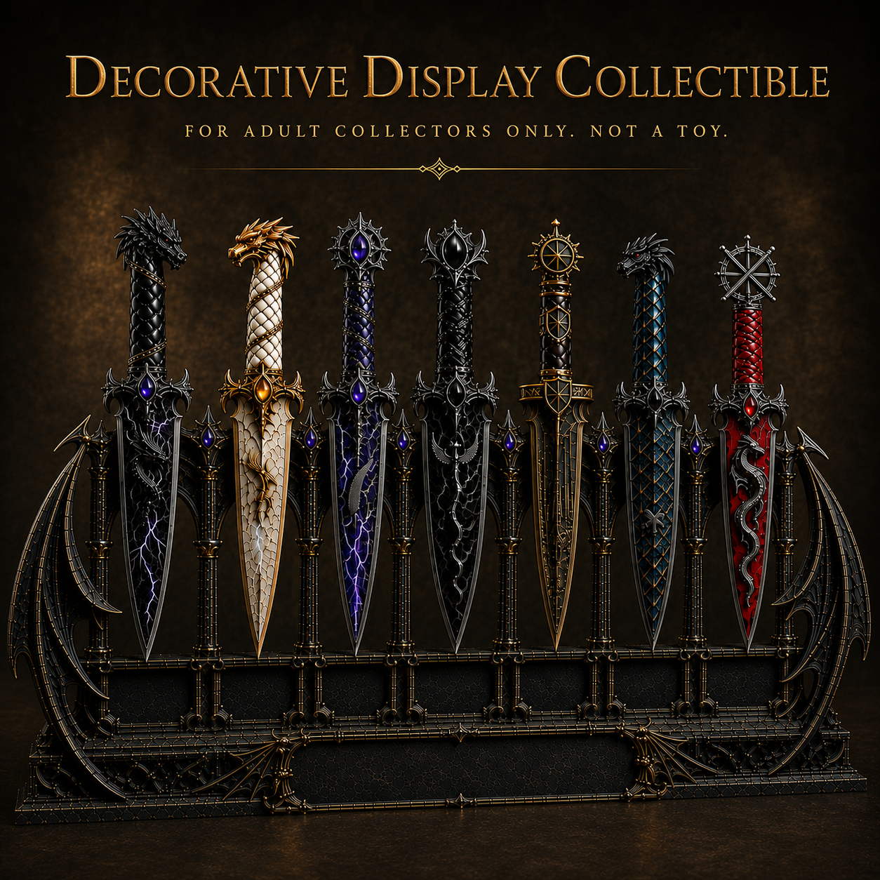 Dragon Relic Collection – 7 Decorative Fantasy Daggers with Winged Display Stand