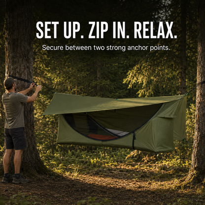 Lay-Flat Hammock Tent with Rainfly & Mosquito Net – Elevated 1-Person Camping Shelter