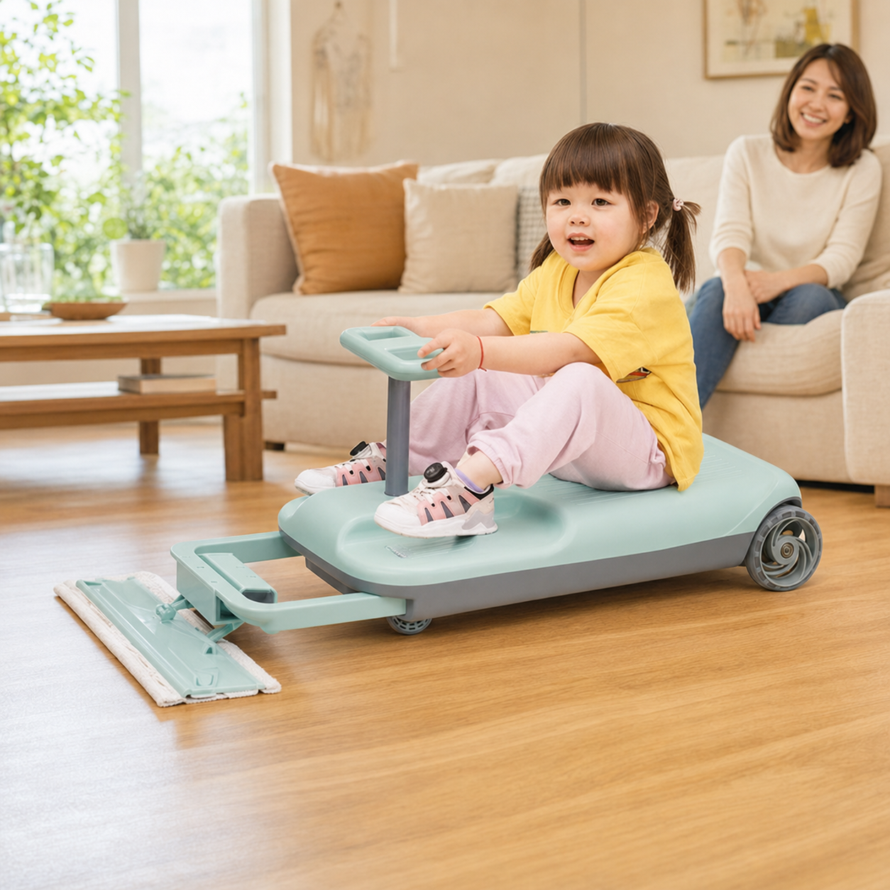 Kids Electric Ride-On Cleaning Car with Mop & LED Lights