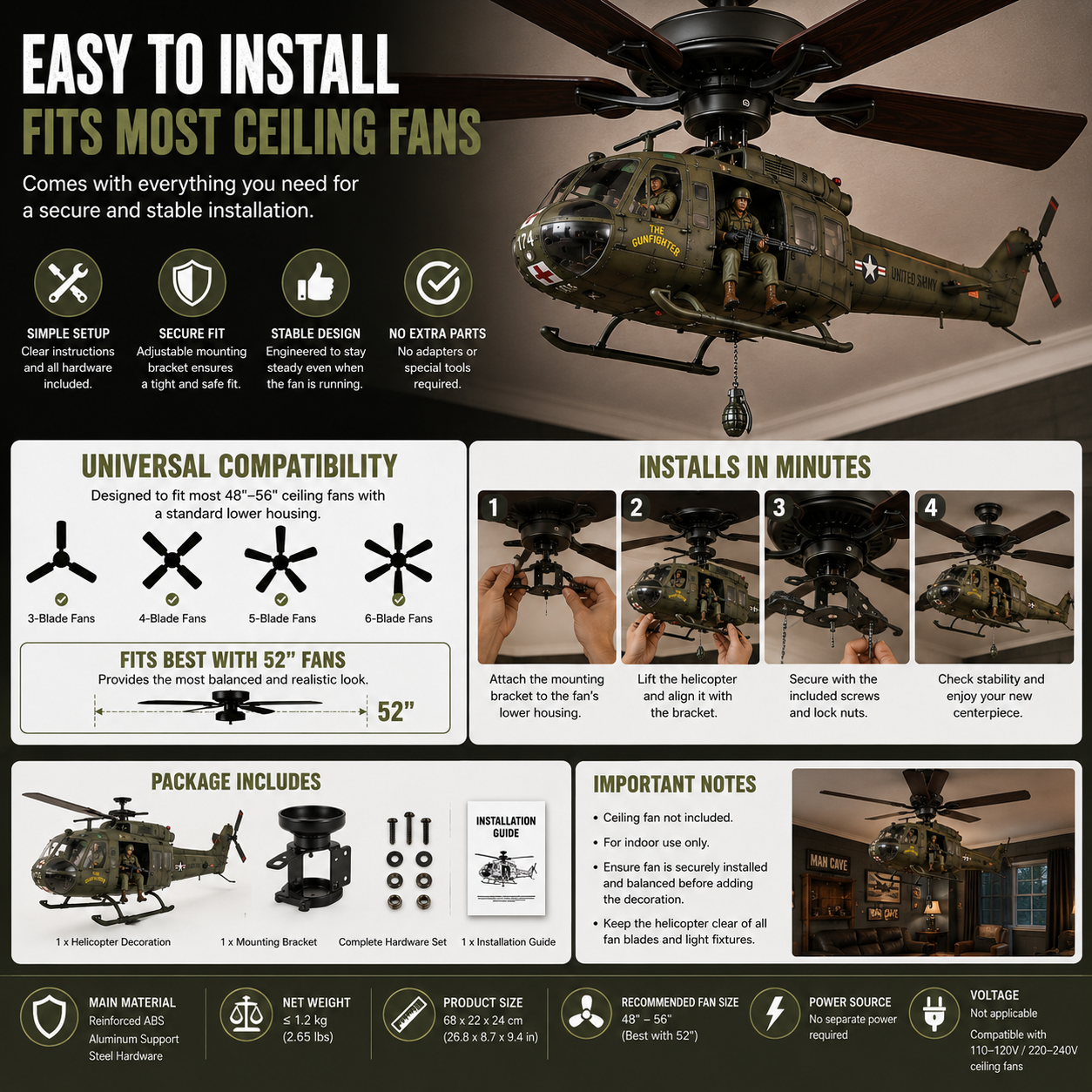52-Inch Military Helicopter Ceiling Fan – Integrated 3D Aircraft Fan for Man Cave, Garage & Game Room