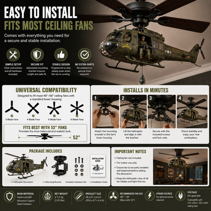 52-Inch Military Helicopter Ceiling Fan – Integrated 3D Aircraft Fan for Man Cave, Garage & Game Room