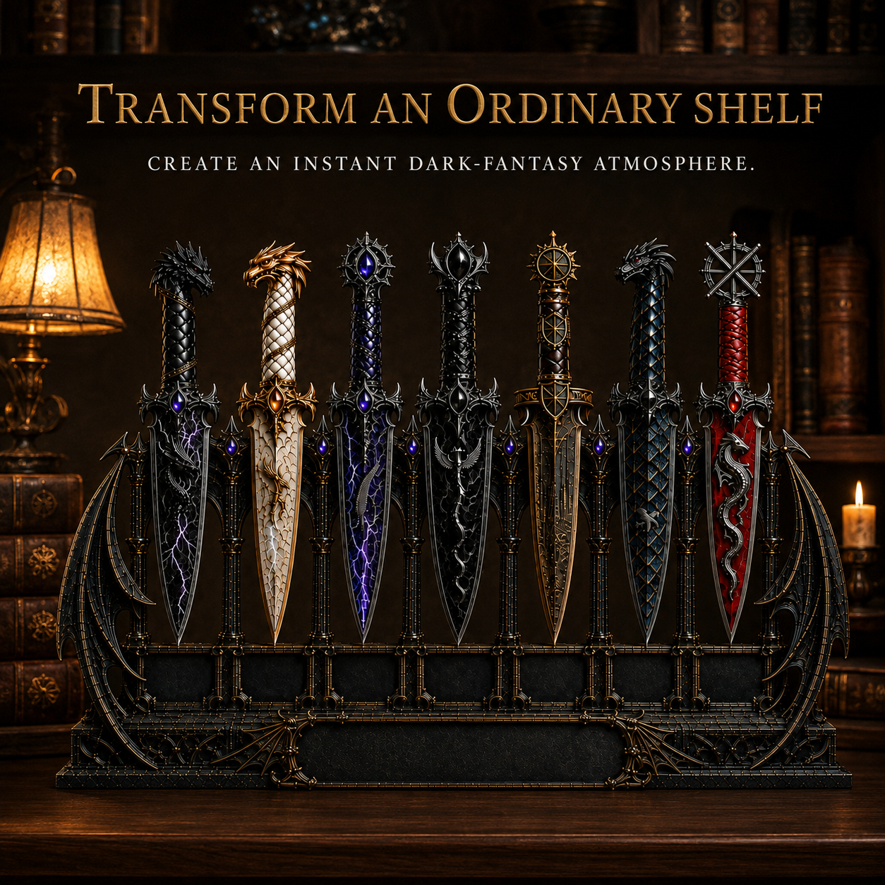 Dragon Relic Collection – 7 Decorative Fantasy Daggers with Winged Display Stand