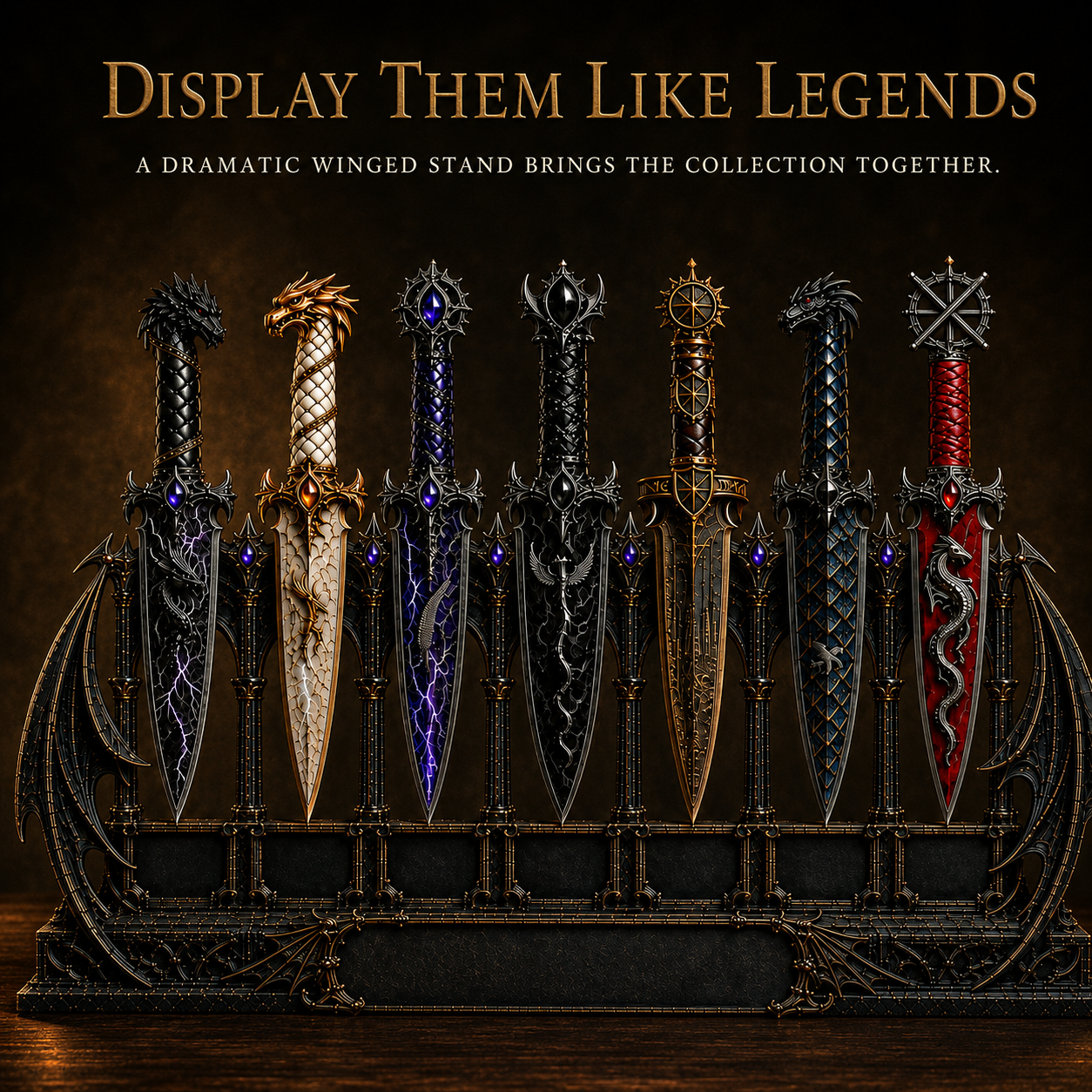 Dragon Relic Collection – 7 Decorative Fantasy Daggers with Winged Display Stand