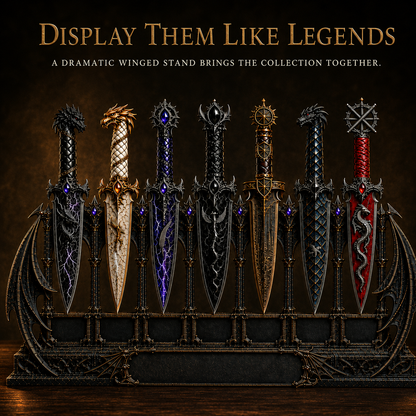 Dragon Relic Collection – 7 Decorative Fantasy Daggers with Winged Display Stand