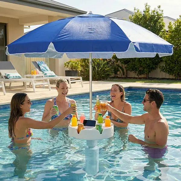 7FT Portable In-Pool Umbrella with Weighted Sand Base, Drink Tray & Phone Stand