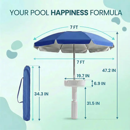 7FT Portable In-Pool Umbrella with Weighted Sand Base, Drink Tray & Phone Stand
