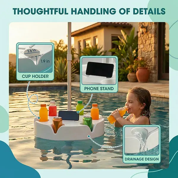 7FT Portable In-Pool Umbrella with Weighted Sand Base, Drink Tray & Phone Stand