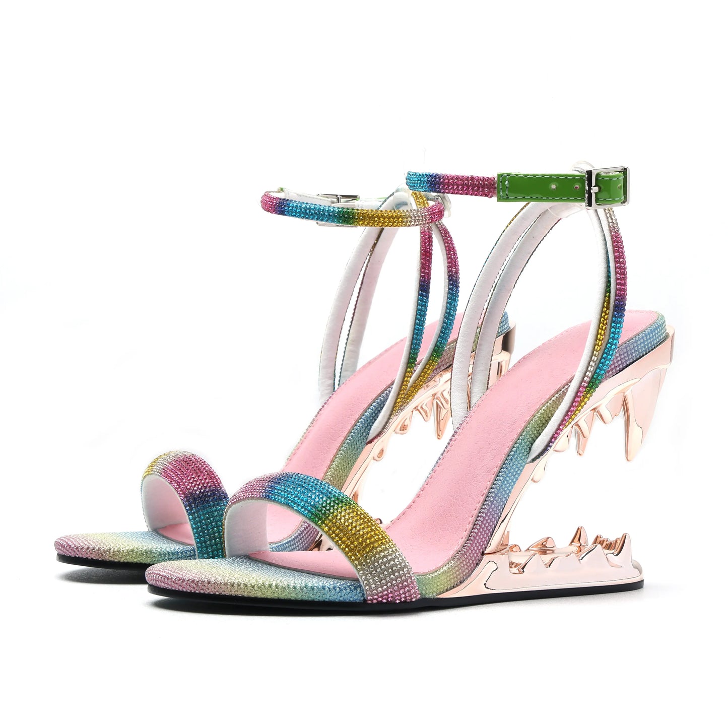 Women’s Rhinestone Shark Heel Wedge Sandals – Adjustable Ankle Strap Open-Toe Statement Heels