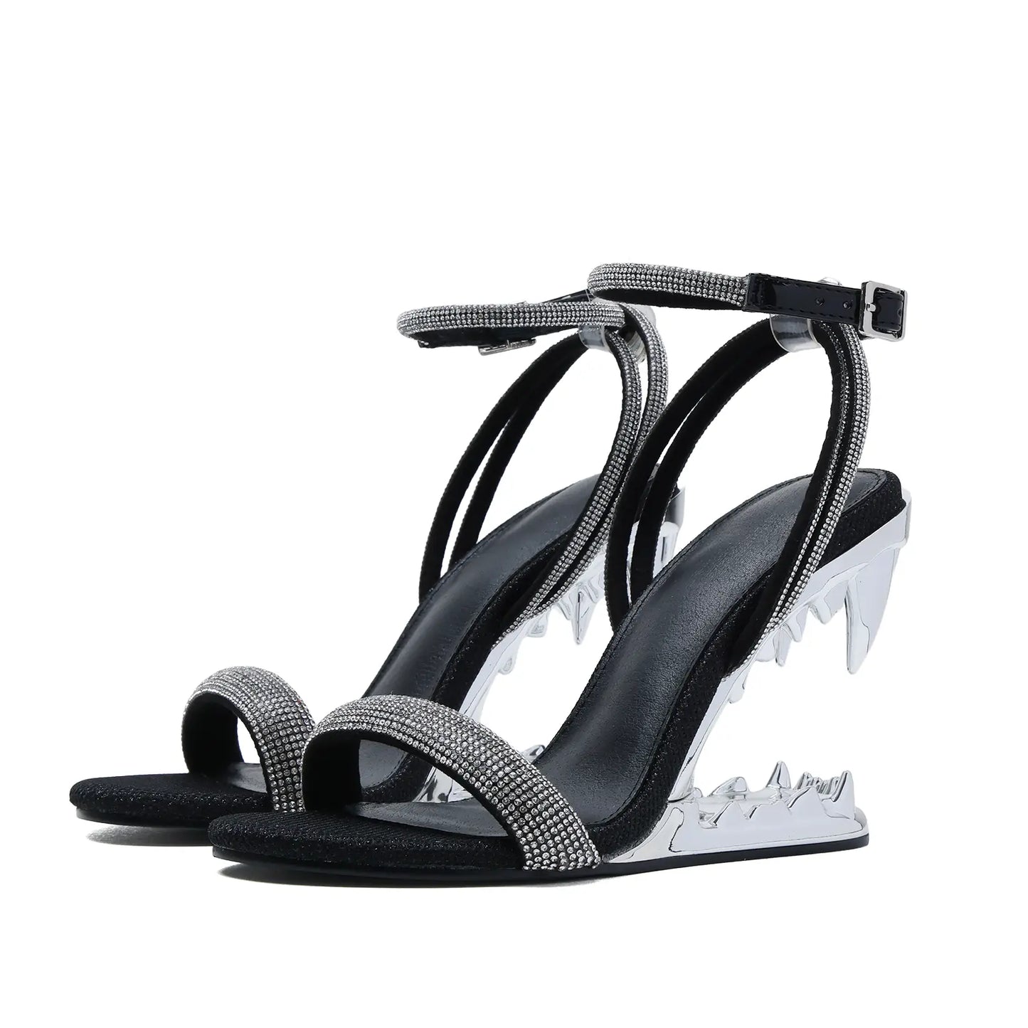 Women’s Rhinestone Shark Heel Wedge Sandals – Adjustable Ankle Strap Open-Toe Statement Heels