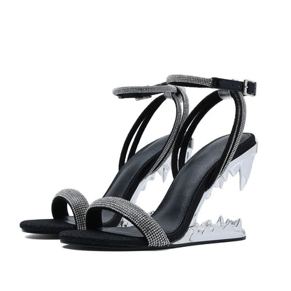 Women’s Rhinestone Shark Heel Wedge Sandals – Adjustable Ankle Strap Open-Toe Statement Heels