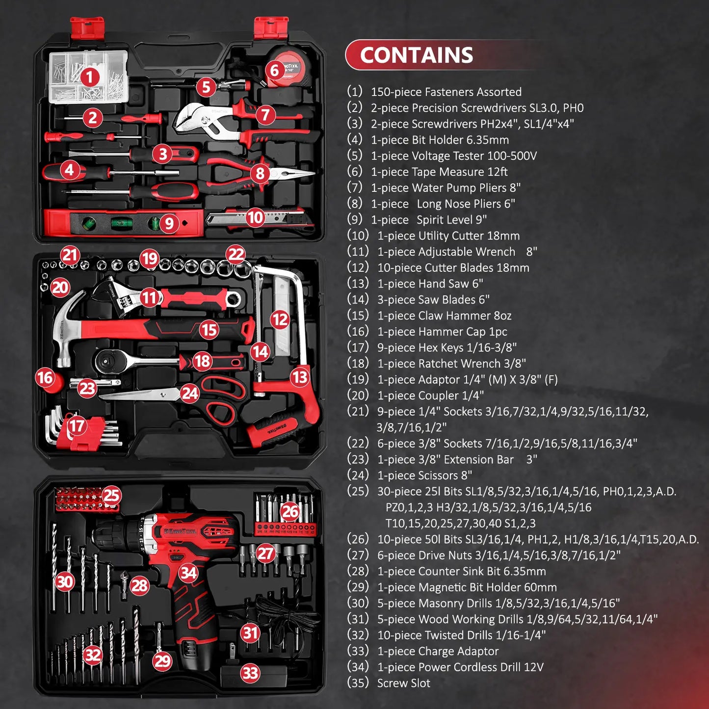 276-Piece 12V Cordless Drill & Home Repair Tool Kit with Carrying Case