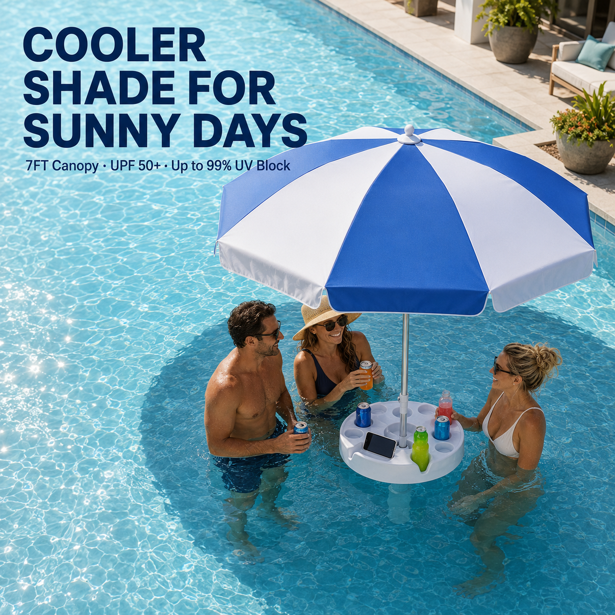 7FT Portable In-Pool Umbrella with Weighted Sand Base, Drink Tray & Phone Stand