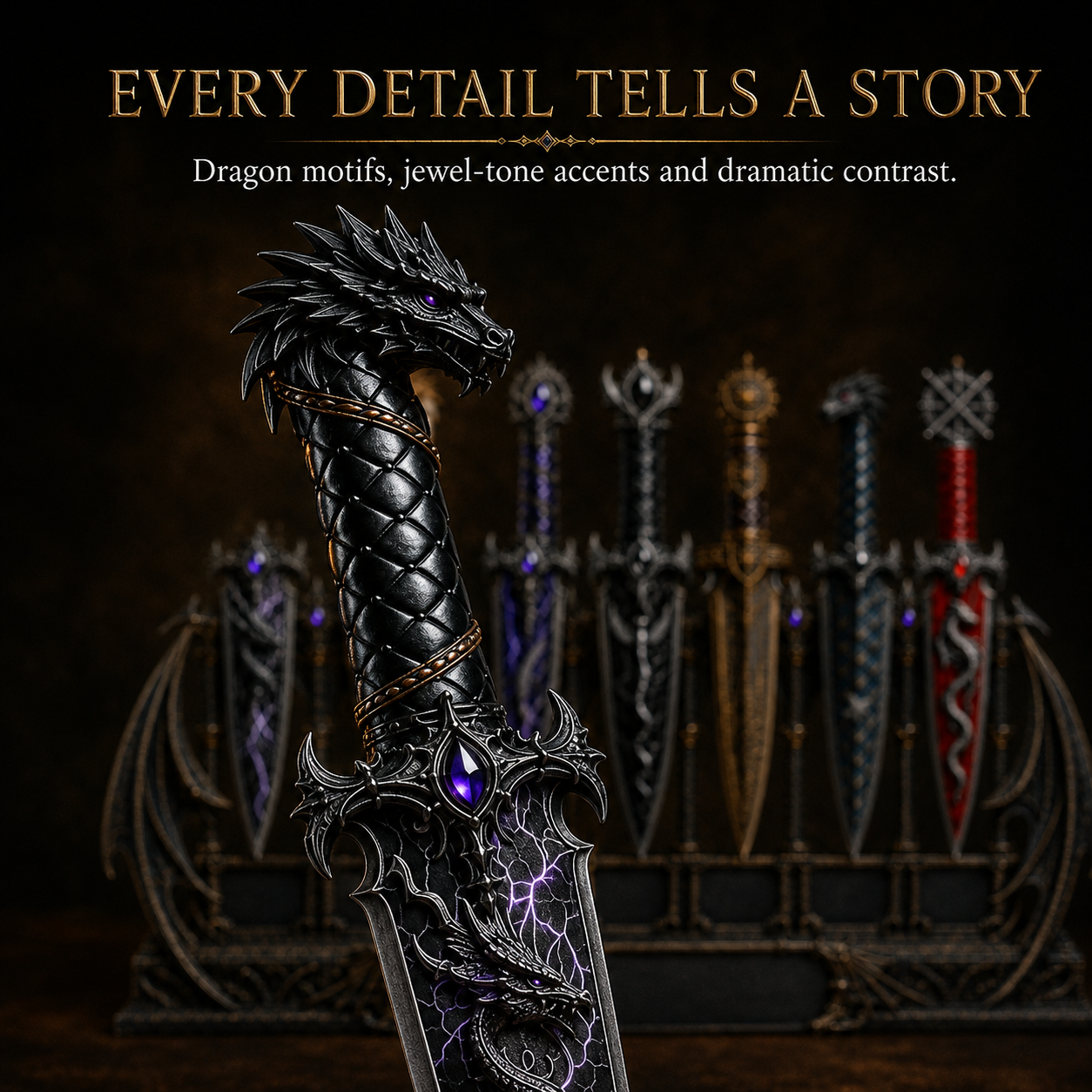Dragon Relic Collection – 7 Decorative Fantasy Daggers with Winged Display Stand