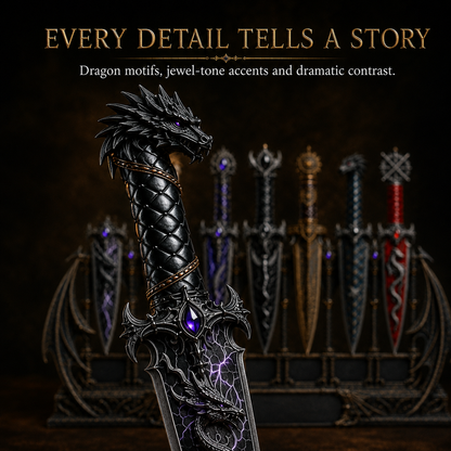 Dragon Relic Collection – 7 Decorative Fantasy Daggers with Winged Display Stand
