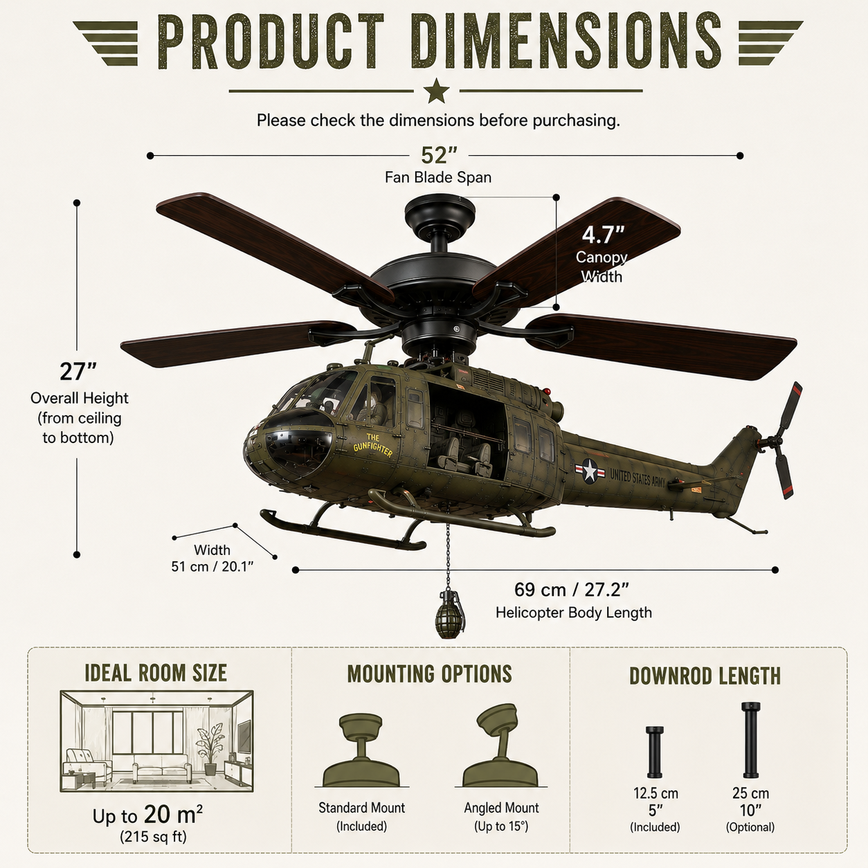 52-Inch Military Helicopter Ceiling Fan – Integrated 3D Aircraft Fan for Man Cave, Garage & Game Room