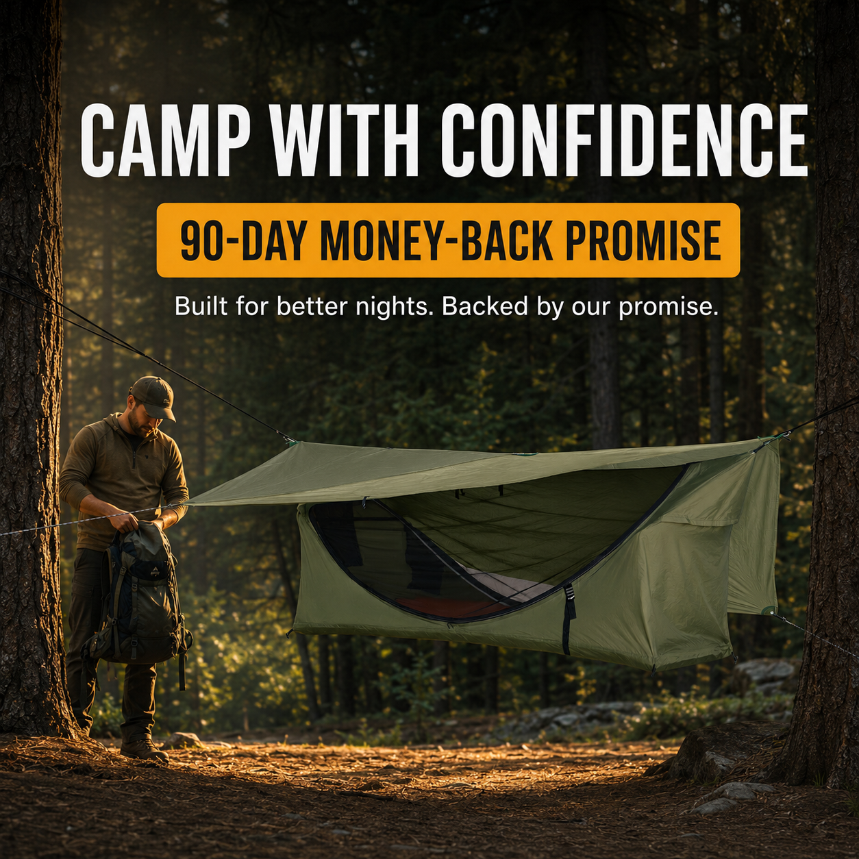 Lay-Flat Hammock Tent with Rainfly & Mosquito Net – Elevated 1-Person Camping Shelter