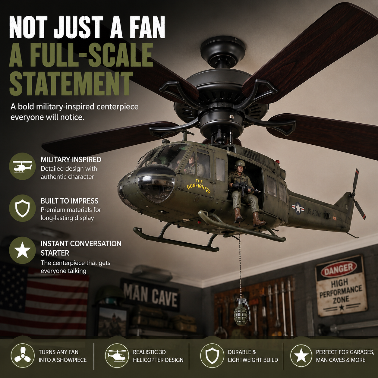 52-Inch Military Helicopter Ceiling Fan – Integrated 3D Aircraft Fan for Man Cave, Garage & Game Room