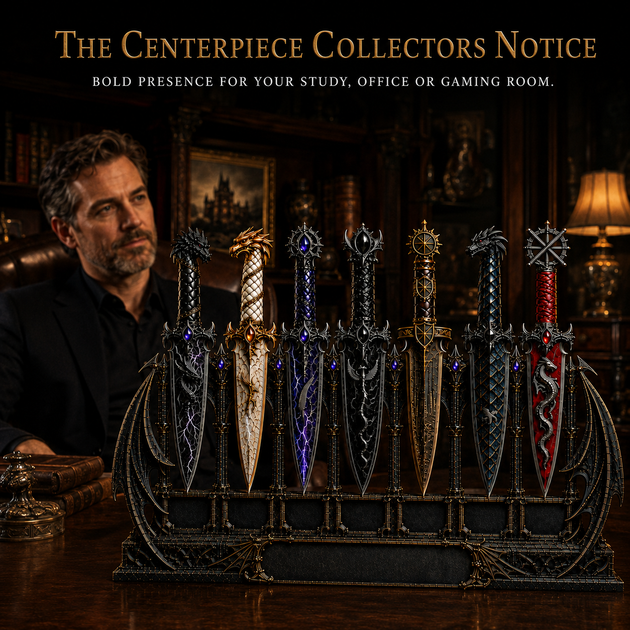 Dragon Relic Collection – 7 Decorative Fantasy Daggers with Winged Display Stand
