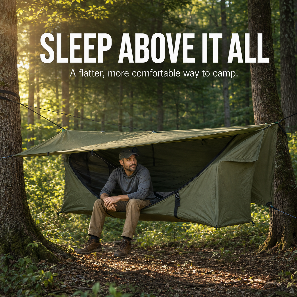 Lay-Flat Hammock Tent with Rainfly & Mosquito Net – Elevated 1-Person Camping Shelter