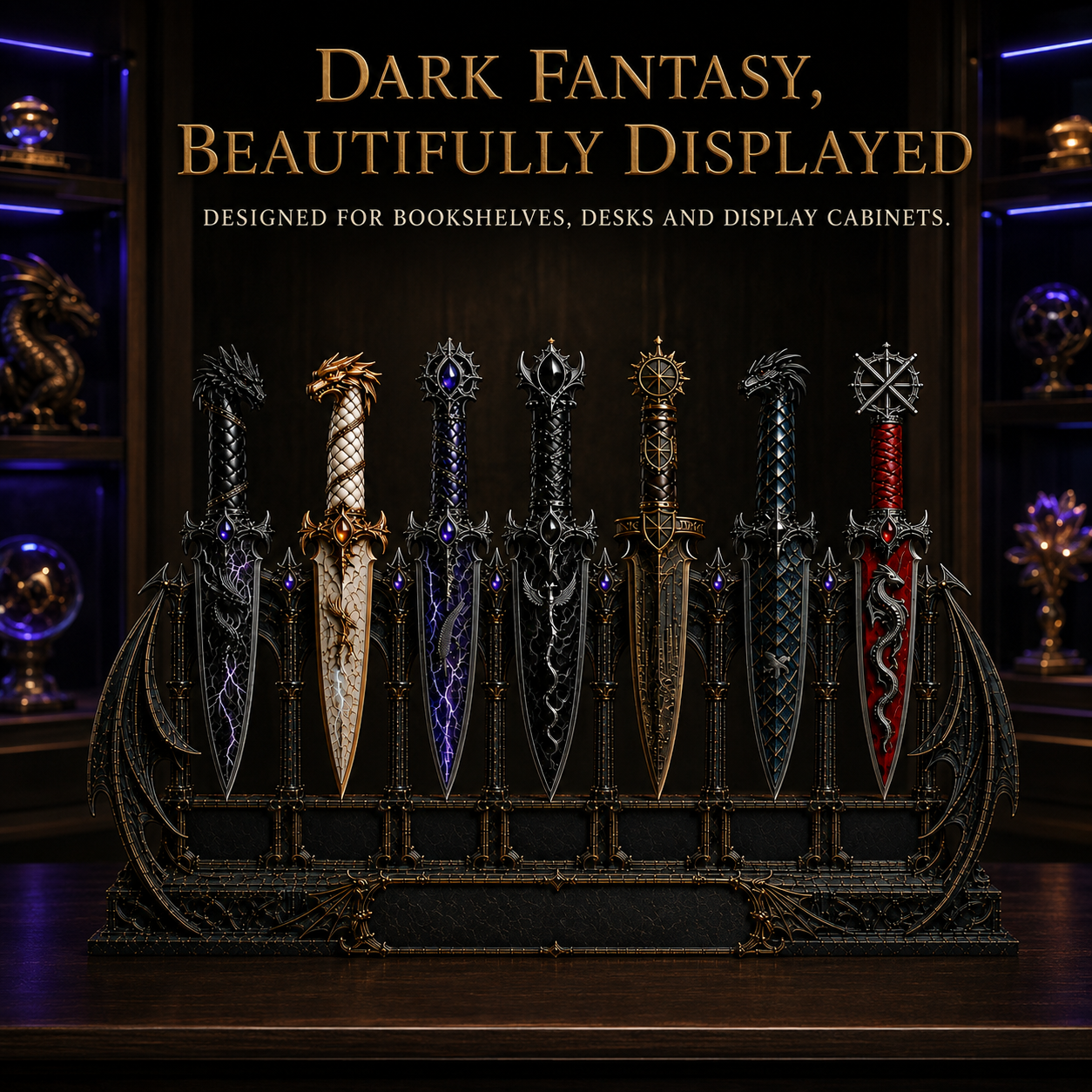 Dragon Relic Collection – 7 Decorative Fantasy Daggers with Winged Display Stand