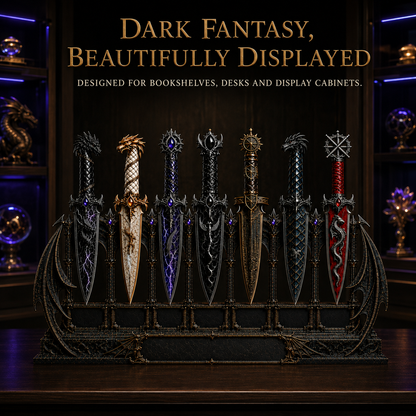 Dragon Relic Collection – 7 Decorative Fantasy Daggers with Winged Display Stand